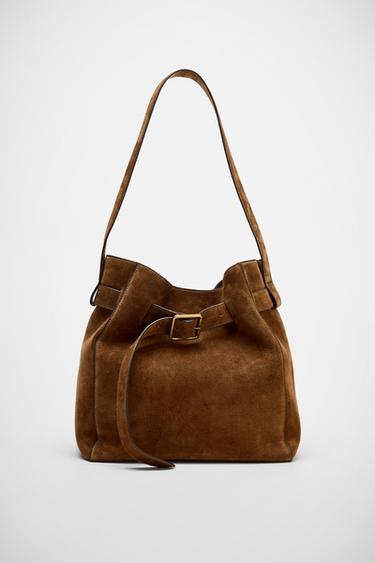 Zara LEATHER BUCKET BAG WITH BELT DETAIL - Brown