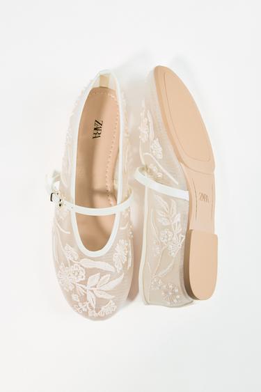 EMBROIDERED MESH BALLERINAS - White by Zara