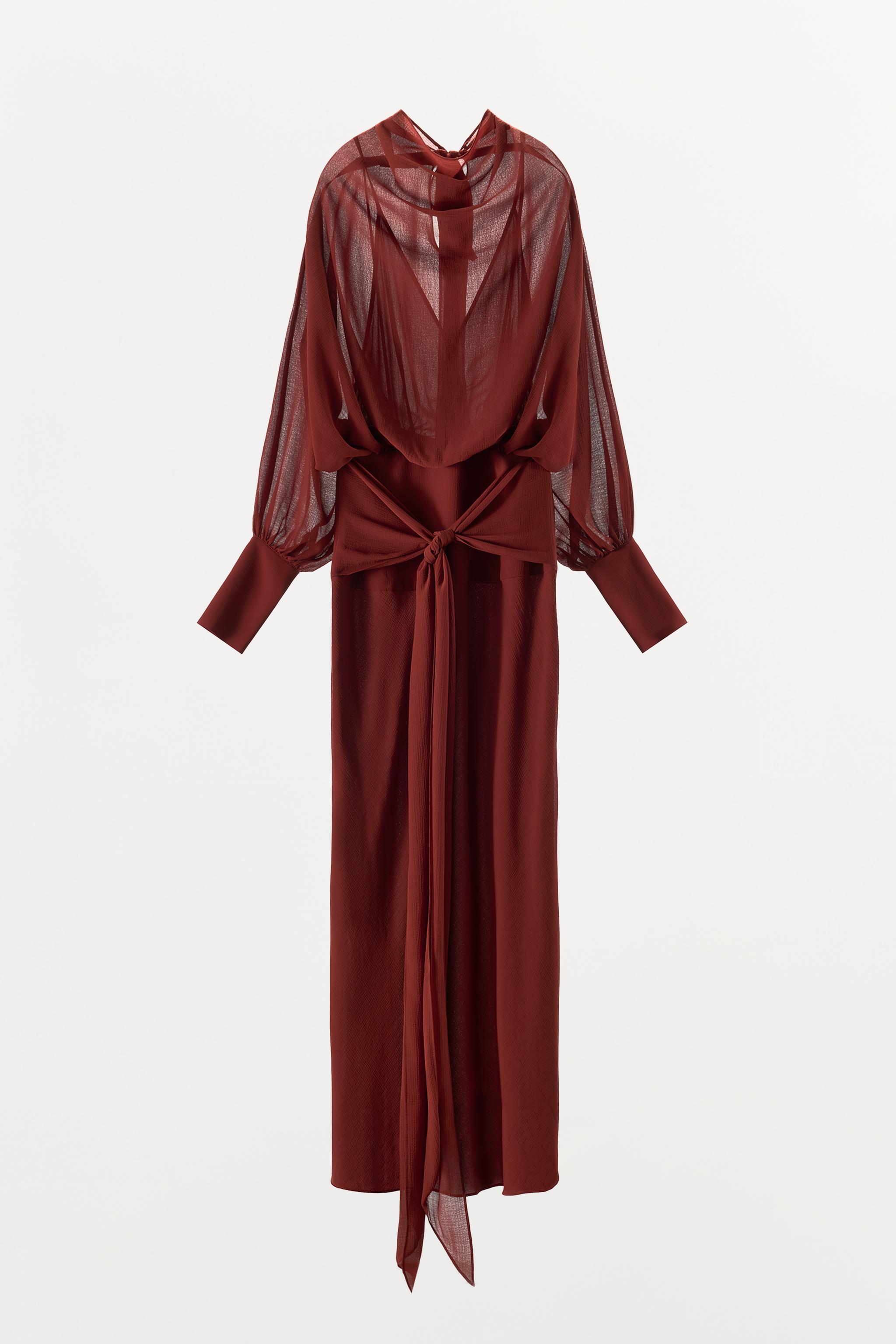 zara burgundy shirt dress LONG GEORGETTE WITH BELT - Maroon zara burgundy glitter dress