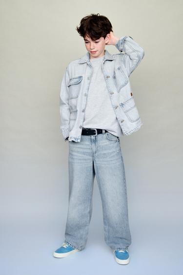 Zara EMBROIDERED TEXT WIDE LEG JEANS - Light blue