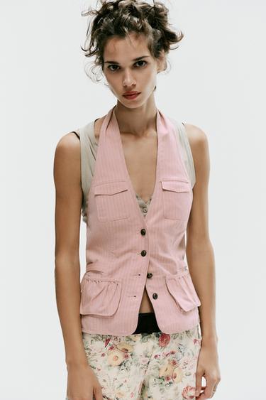 STRIPED HALTER TOP WITH POCKETS — Light pink 1
