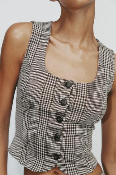 Zara INTERLOCK KNIT VEST TOP - Ecru / Brown