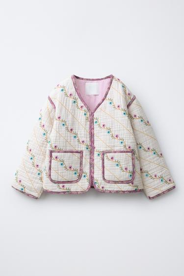СТЕГАНАЯ КУРТКА С ВЫШИВКОЙ В ВИДЕ ЦВЕТОВ — ЭКРЮ от Zara