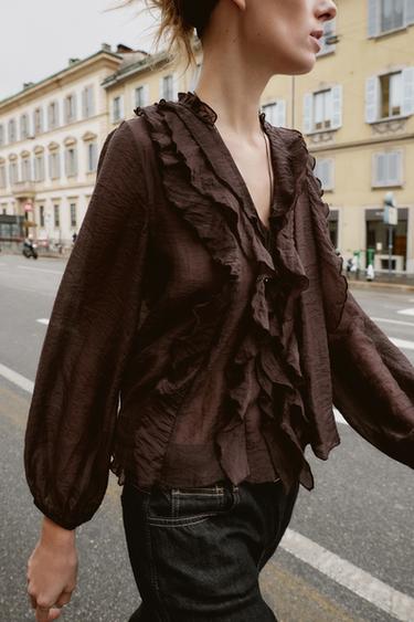 RUFFLED BLOUSE - Brown by Zara