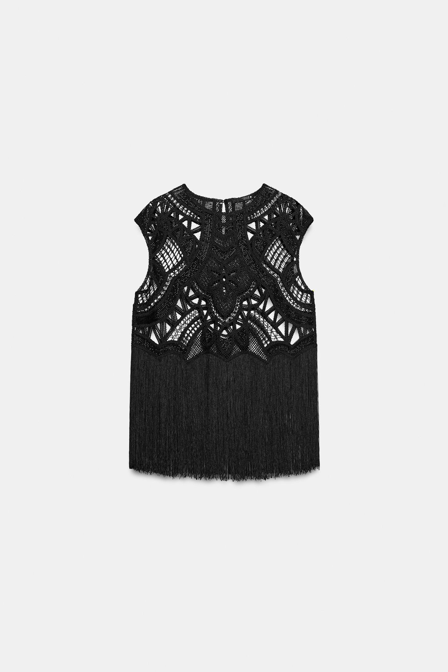 Женский топ Zara ZW Collection Beaded Crochet with Fringe, цвет: Чёрный — фото 4