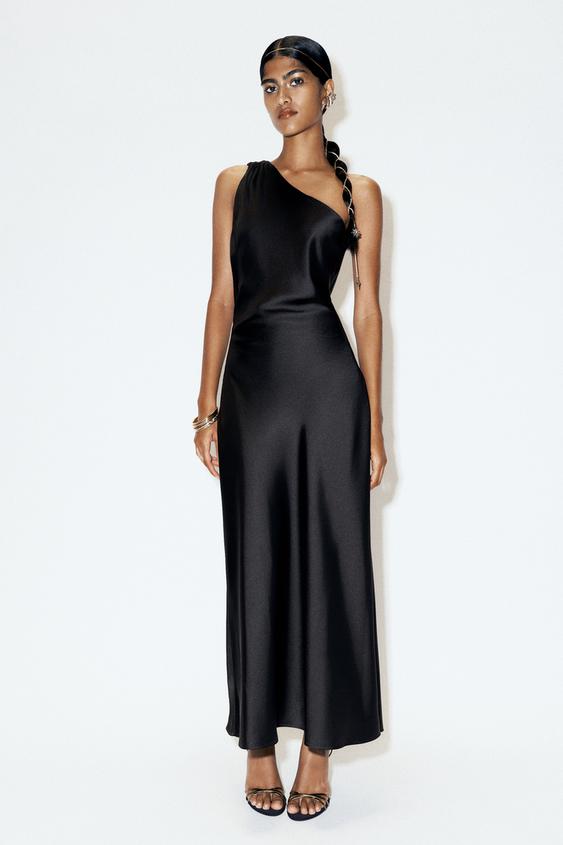 ASYMMETRIC SATIN MIDI DRESS - Black by Zara - Image 0