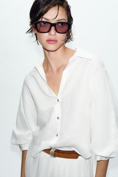 CHEMISE À MANCHES BOUFFANTES EN LIN - Blanc de Zara - Image 1