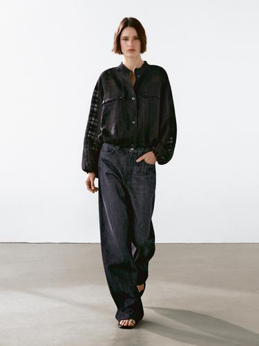 Zara Linen blend check bomber jacket - Black