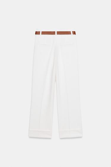 TROUSERS WITH TURN-UP CUFFS AND BELT - White by Zara - Image 8