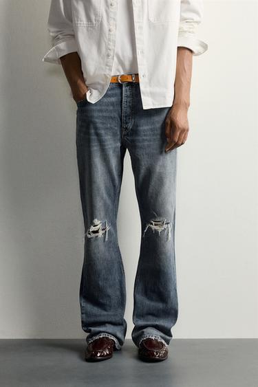 DISTRESSED FLARE FIT JEANS — Mid-blue 2
