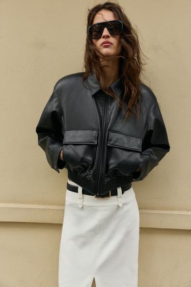 FAUX LEATHER BOMBER JACKET WITH SHOULDER PADS - Black by Zara - Image 1