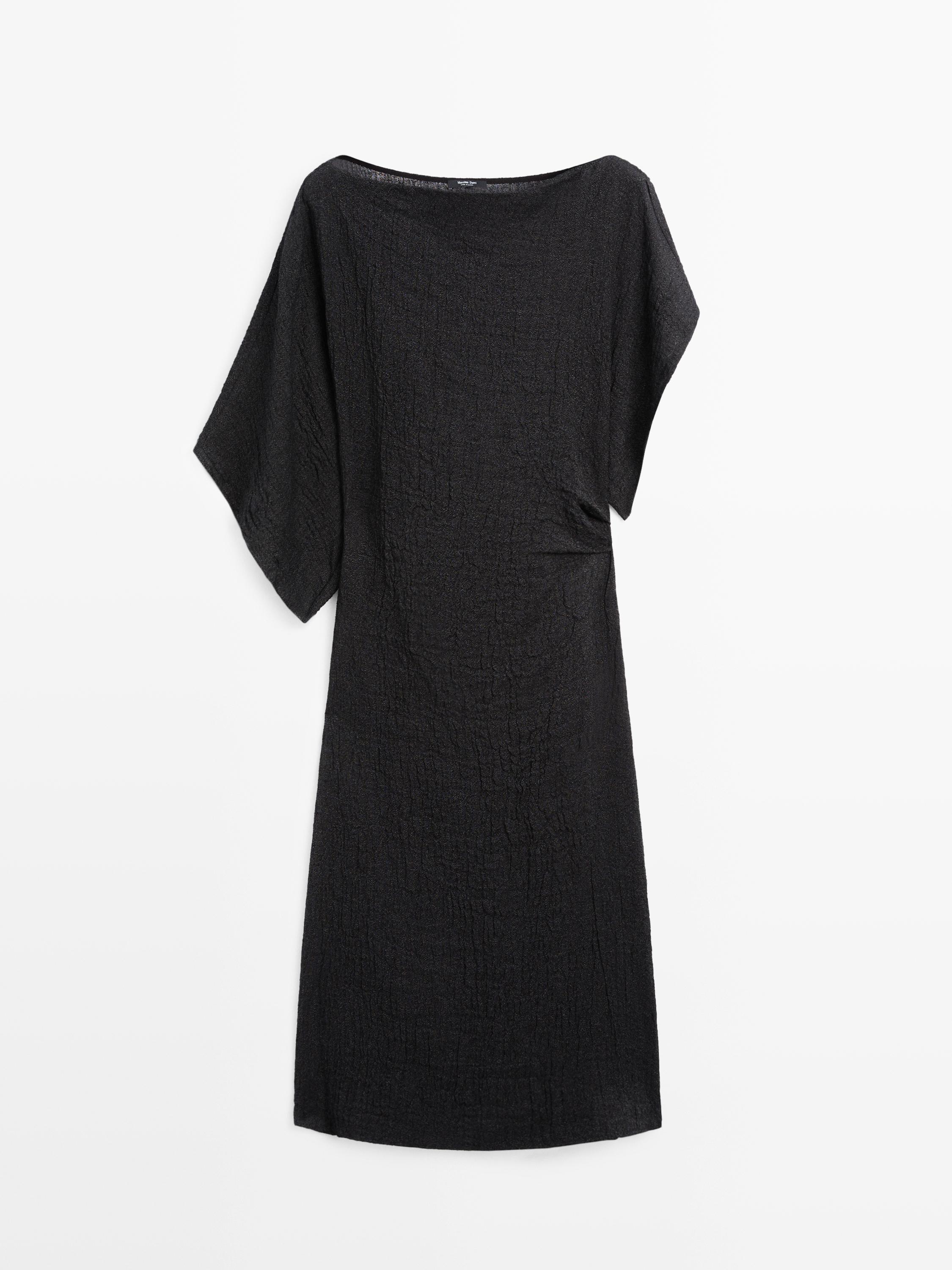 Linen midi dress with asymmetric sleeves