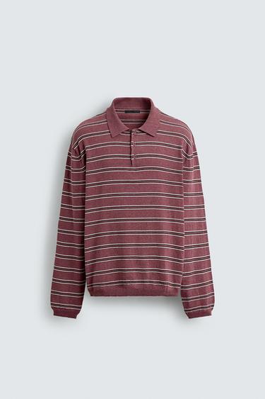 STRIPED KNIT RUGBY POLO SHIRT - Mid-pink by Zara