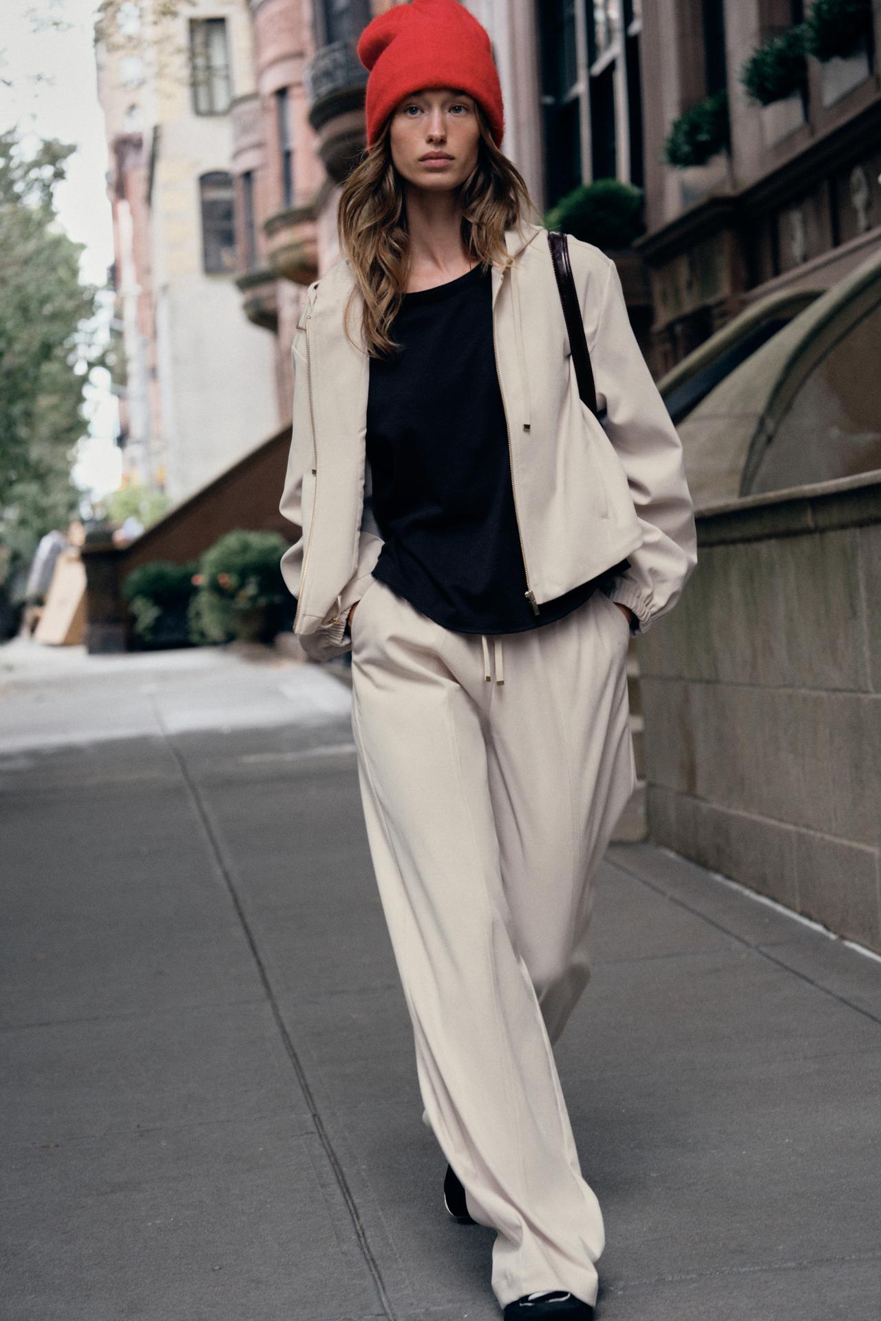 ELASTIC WAIST WIDE LEG PANTS — Ecru
