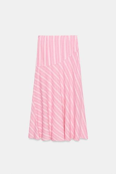 JUPE MI-LONGUE EN LIN À RAYURES - Rose / Blanc de Zara - Image 8