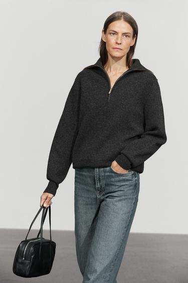 Wide collar zip-up knit sweater — Anthracite grey 2