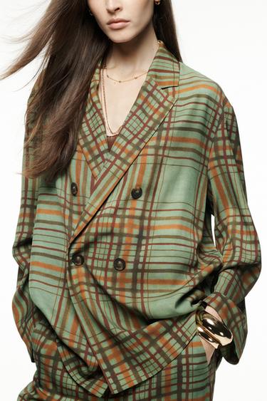 ZW COLLECTION FLOWY CHECK BLAZER - Green by Zara