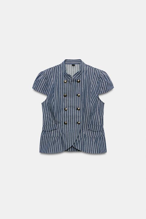 ストライプ柄ボタン付きトップス - ネイビーブルー/ホワイト | ZARA 