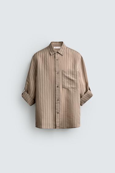 STRIPED SHIRT WITH SLEEVE TABS - Beige-pink by Zara