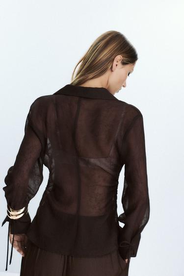 SEMI-SHEER SHIRT WITH TIES - Dark brown by Zara