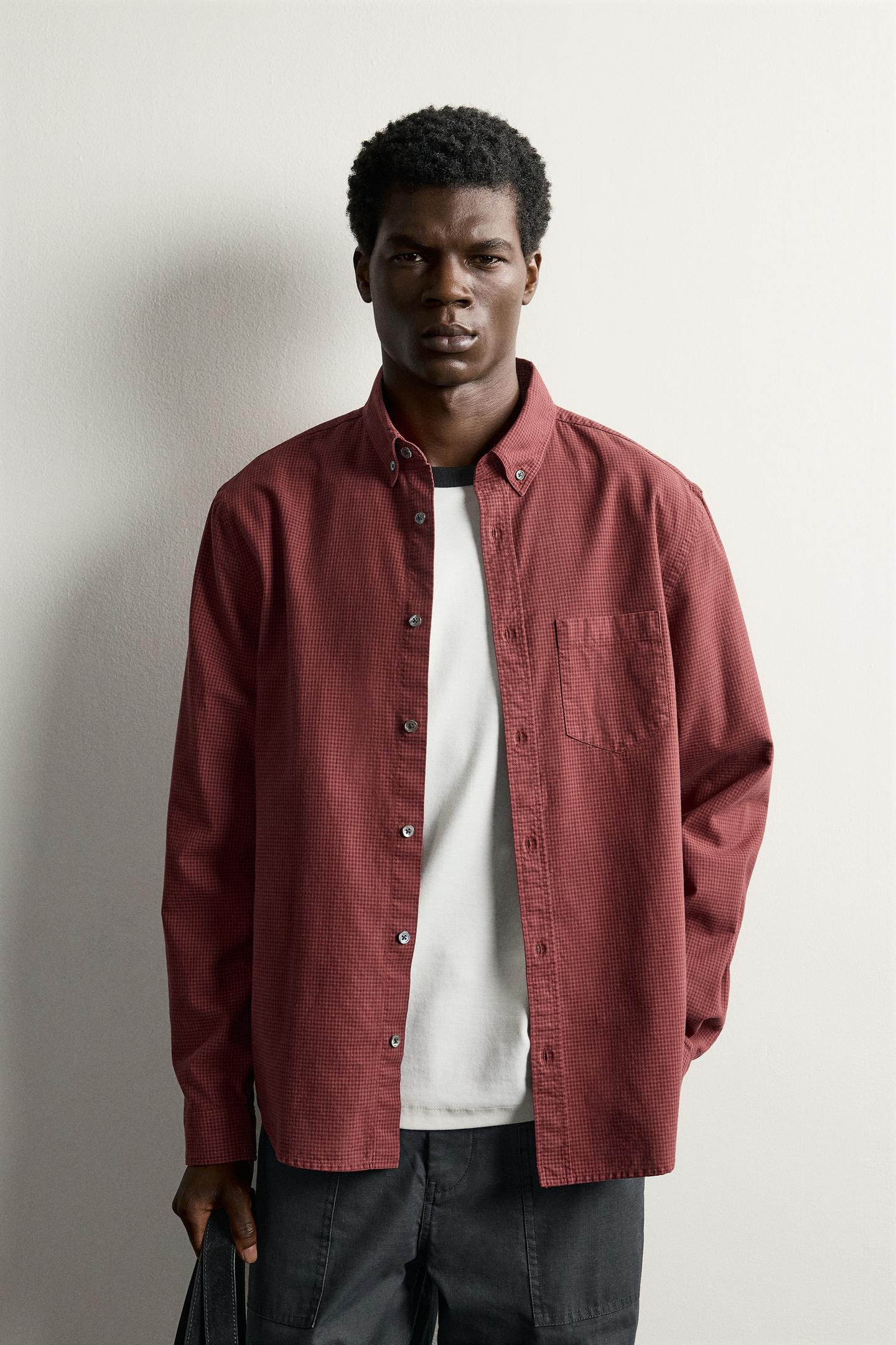 Мужская рубашка Zara Plaid Regular Fit, цвет: Тёмно-бордовый — фото 2