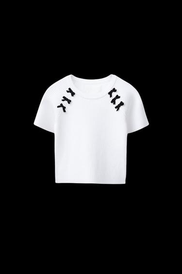 Zara RIB BOW T-SHIRT - Ecru