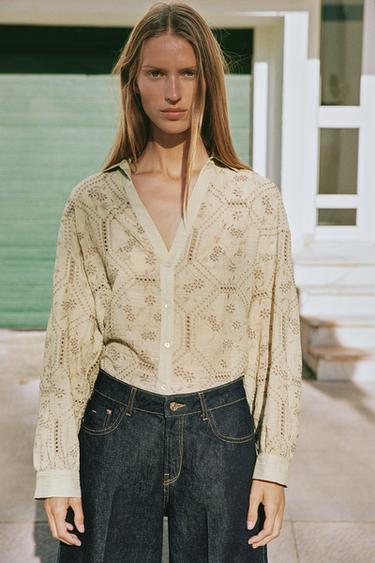 CHEMISE BRODÉE PERFORÉE - Kaki clair de Zara - Image 4