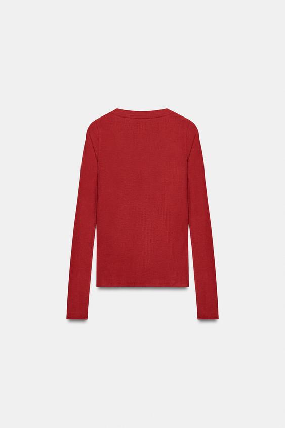 RIBBED V-NECK T-SHIRT - Red by Zara - Image 4