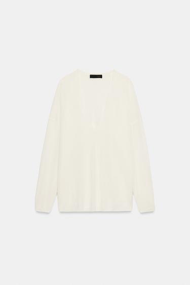 PULL EN MAILLE FINE COL EN V - Blanc de Zara - Image 3