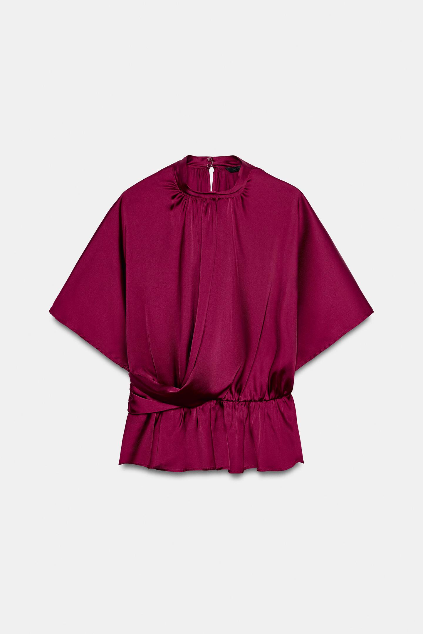 Женская блузка Zara Satin Draped Blouse, цвет: Светлый тёмно-бордовый — фото 8