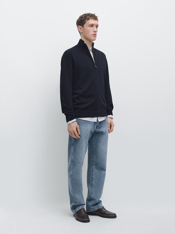 Cotton zip-up knit cardigan