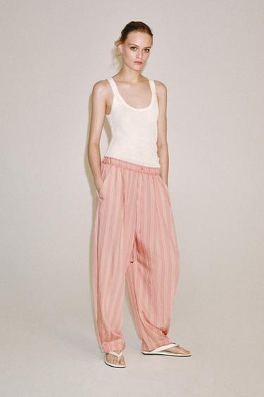 PANTALON BOUFFANT À RAYURES ZW COLLECTION - Rose / Blanc de Zara