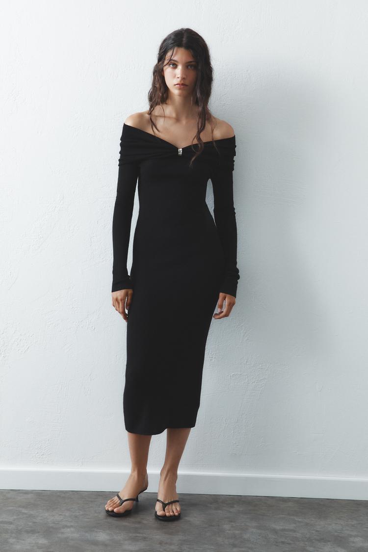 zara midi knit dress Zara Collared Long-sleeved Knit Dress