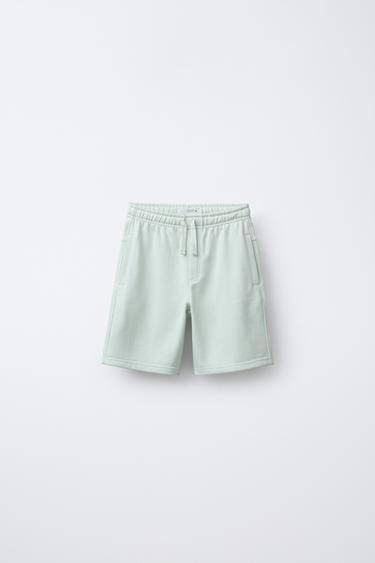 Zara STRAIGHT FIT EMBOSSED TEXT TERRY SHORTS - Light turquoise