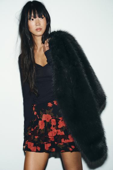 Zara RUFFLED FLORAL PRINT SKORT - Red / Black