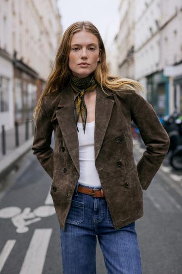 Zara 100% LEATHER DOUBLE BREASTED BLAZER - Khaki