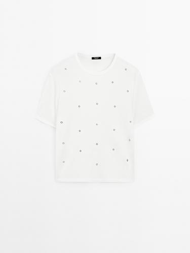 Zara Oversized T-shirt with eyelets - Oyster-white - Image 0