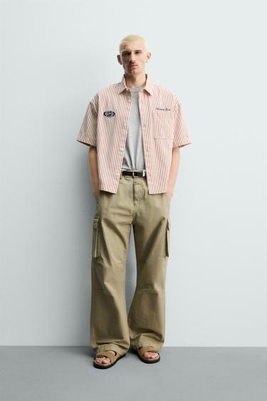 STRIPED OVERSHIRT WITH CONTRAST PATCH - Red by Zara - Image 0