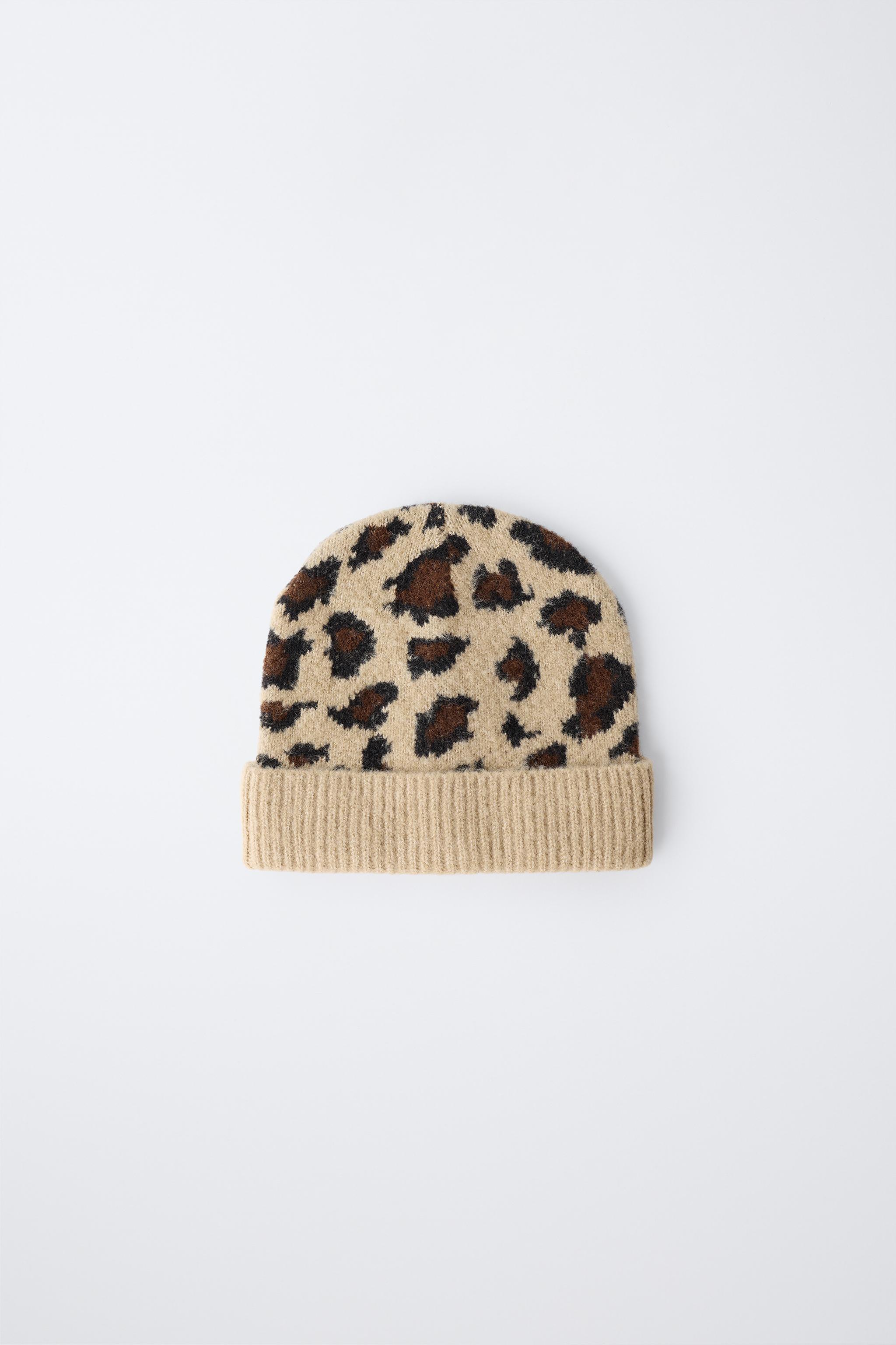 Women's Leopard Print Knit Beanie Hat - Warm Winter Pompom Hat For Girls, Stretchy Cold Weather Cap