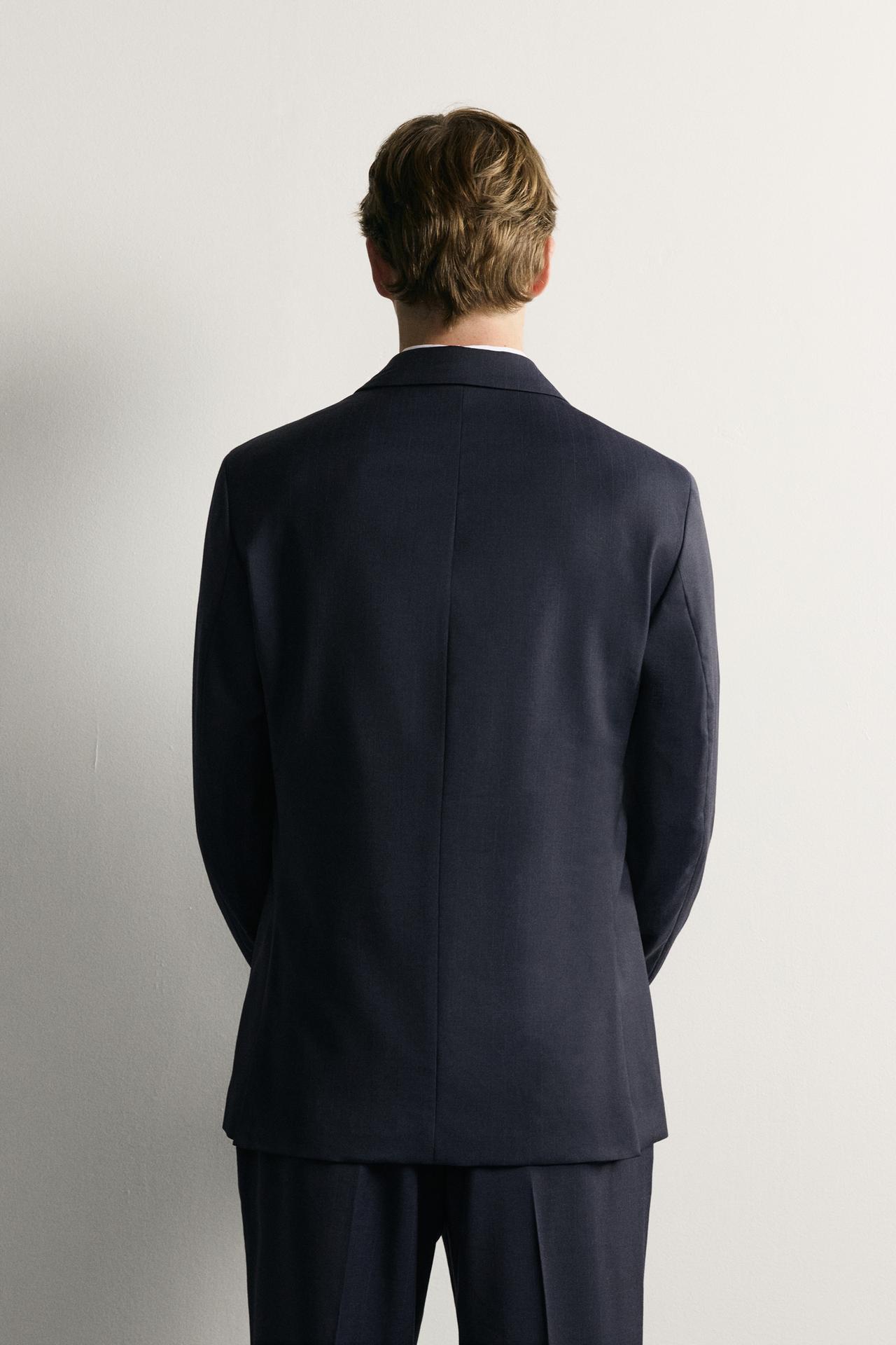 REGULAR FIT 100% WOOL PINSTRIPE SUIT BLAZER — Navy blue
