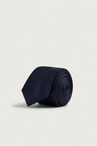 Zara 100% SILK SLIM TIE - Navy blue