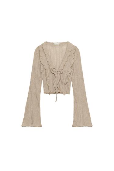 RUFFLED TOP WITH TIE DETAIL - Beige by Zara