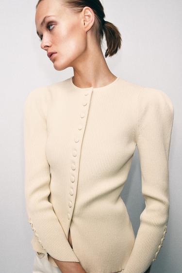 VESTE EN MAILLE À MANCHES BOUFFANTES - Écru moyen de Zara - Image 2