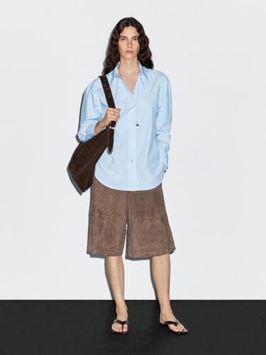 Zara Long 100% cotton poplin shirt - Light blue