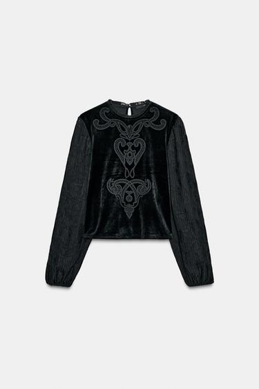 TOP EN VELOURS BRODÉ - Noir de Zara - Image 5