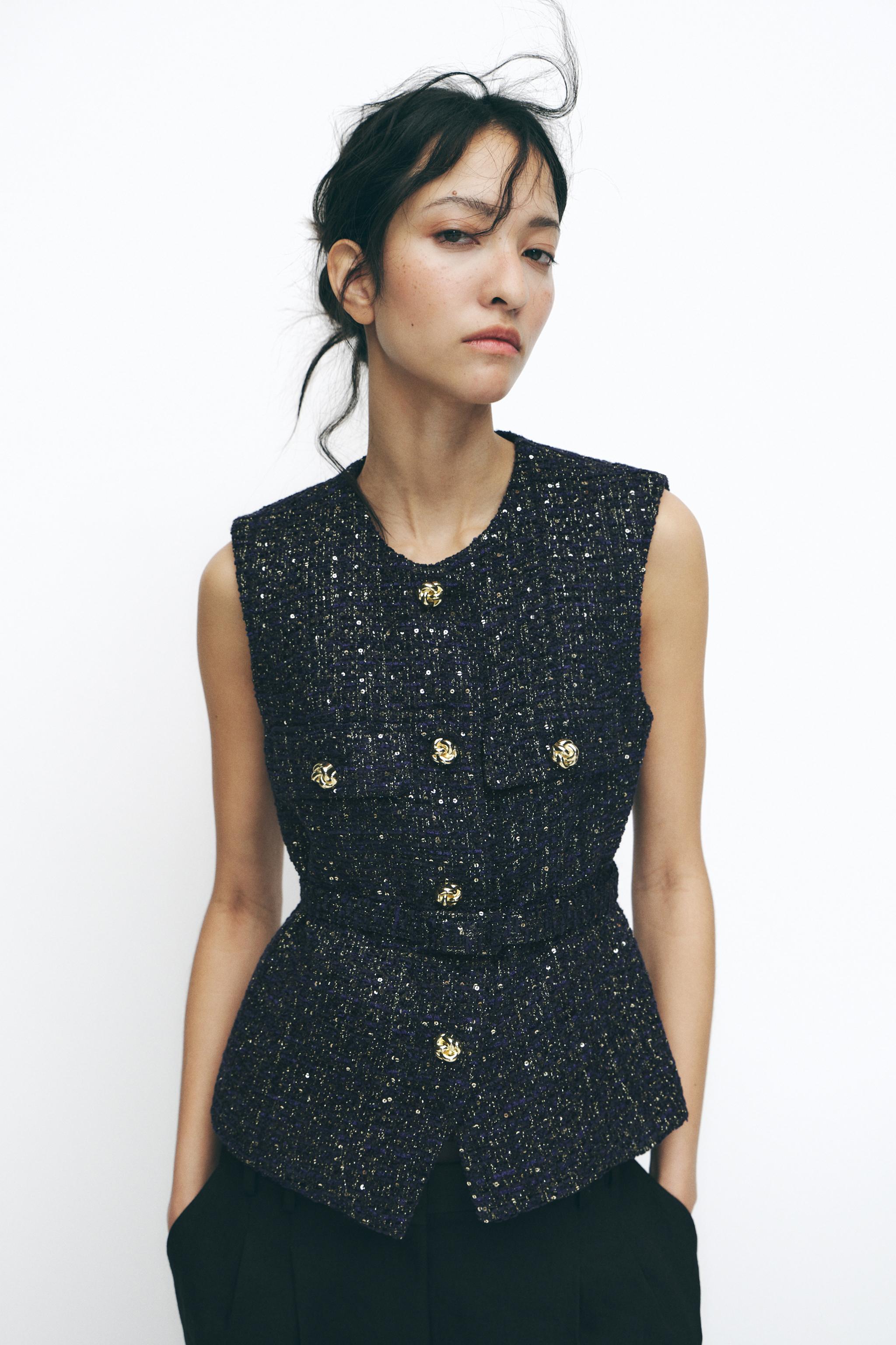 Zara Jacket Sans Manche Femme STRUCTURED BELTED VEST Navy Blue