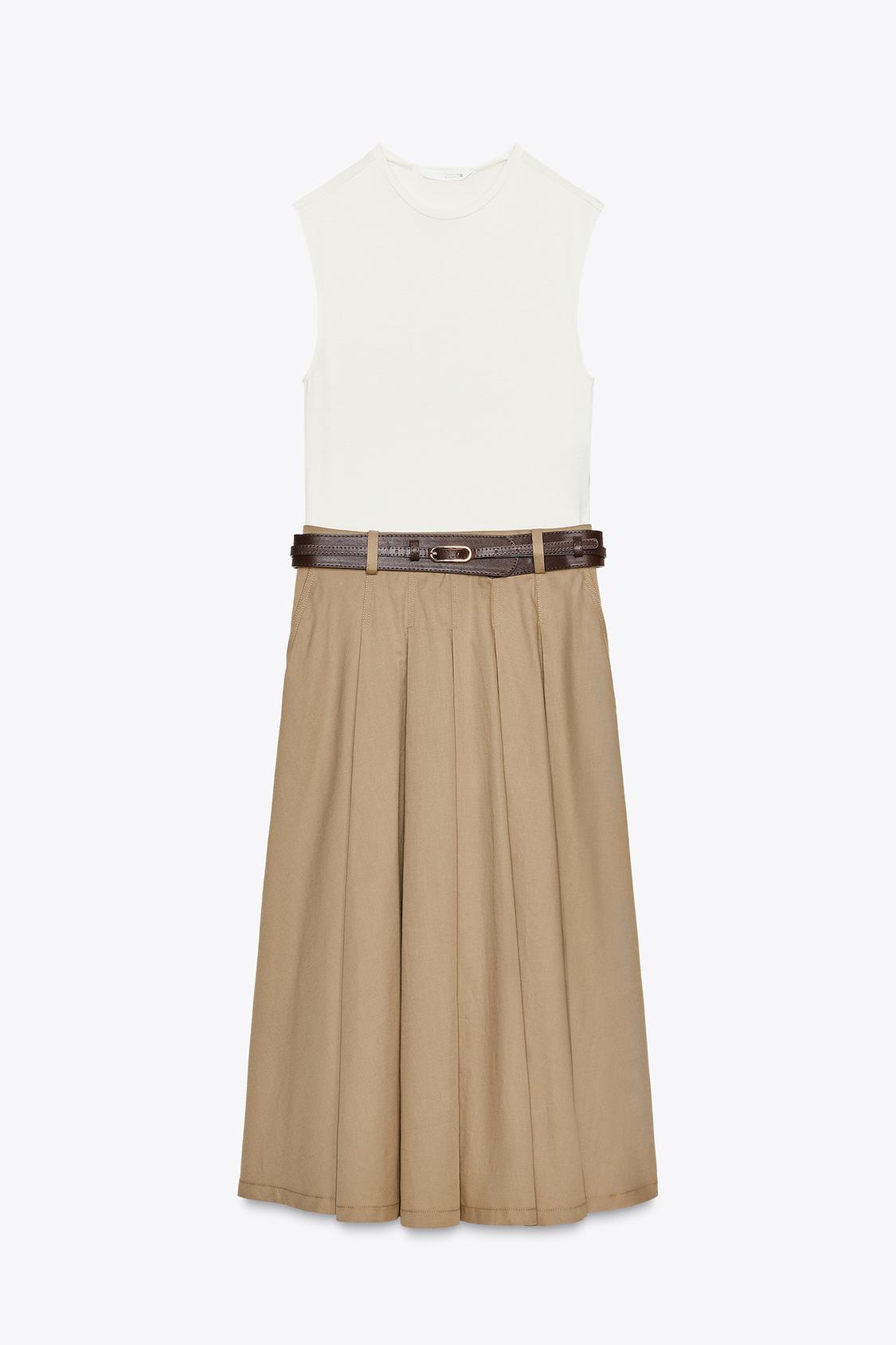 CONTRAST BELTED DRESS - CAMEL/WHITE  by Zara - Image 4