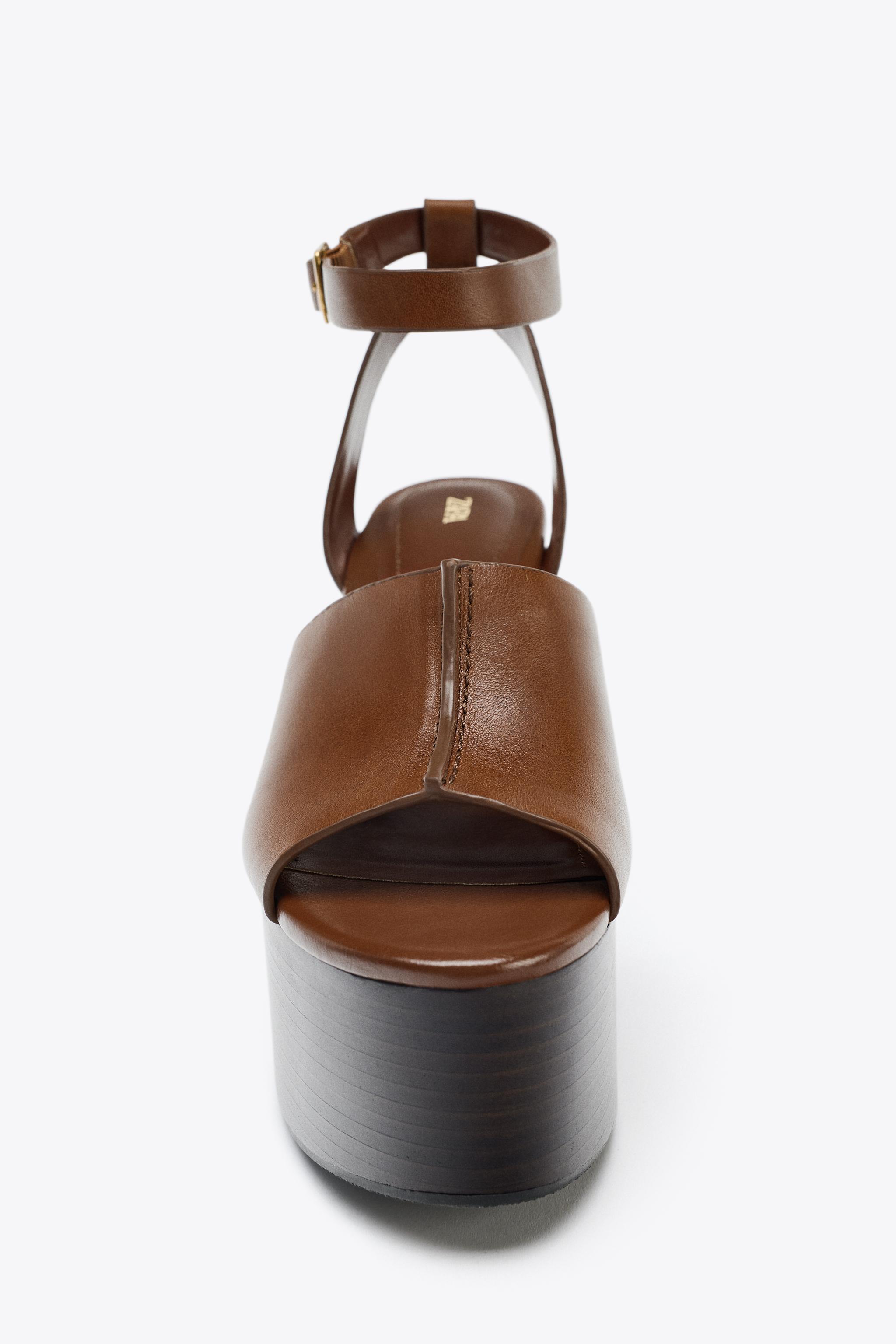 LEATHER WEDGE SANDALS WITH STRAP - Brown | ZARA United States