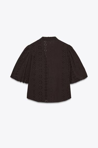 CAMISA BORDADOS PERFORADOS MANGA ABULLONADA - Marrón de Zara
