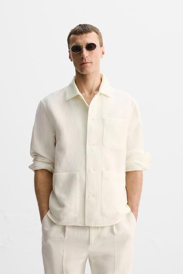 LINEN-WOOL HERRINGBONE OVERSHIRT - LIMITED EDITION - Oyster-white by Zara